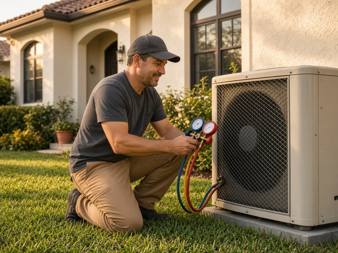 HVAC technician checking an air conditioner at a Southern California home